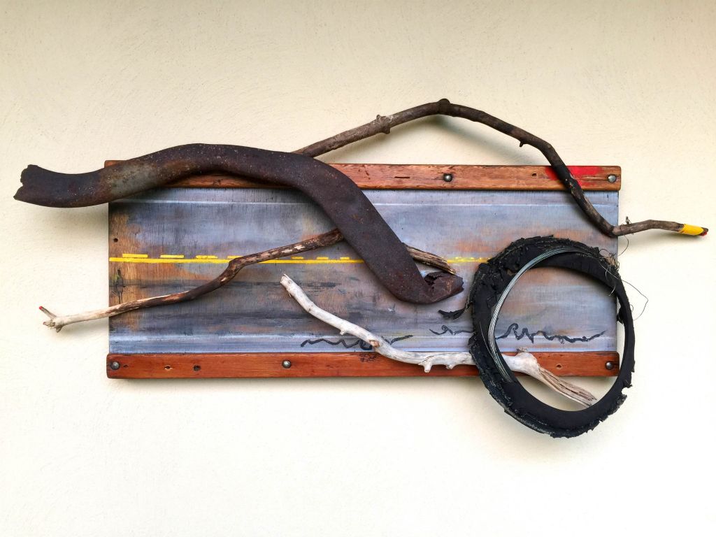 Traction No. 2, mixed media relief on board, 22 1/2"H x 47 1/2W x 6"D